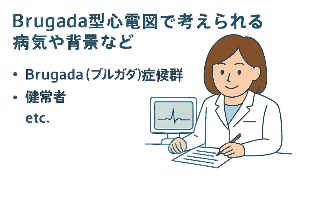医師がBrugada(ブルガダ型)心電図で考えられる原因などを画面を用いて説明ています。
