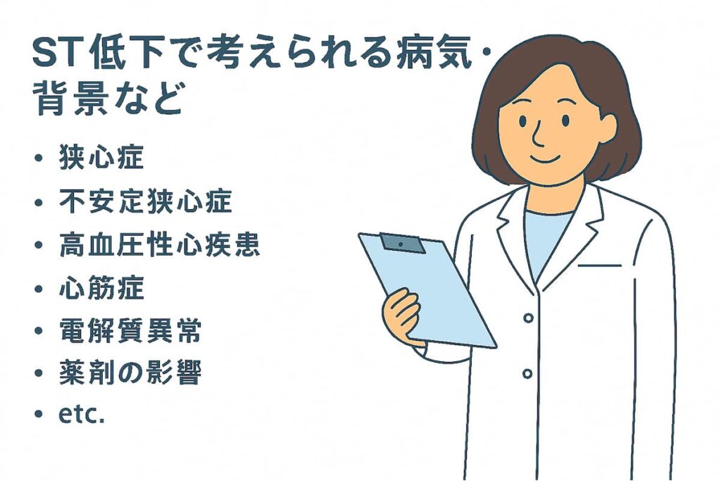 ST低下の心電図異常について循環器専門医が説明しています。