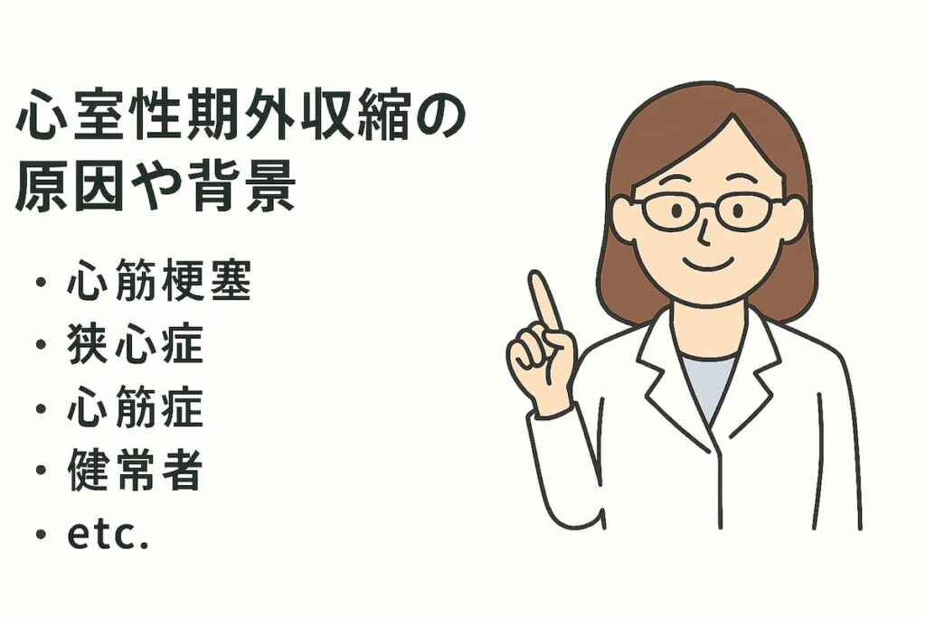 専門医が心室性期外収縮の牽引や背景について説明しています。
