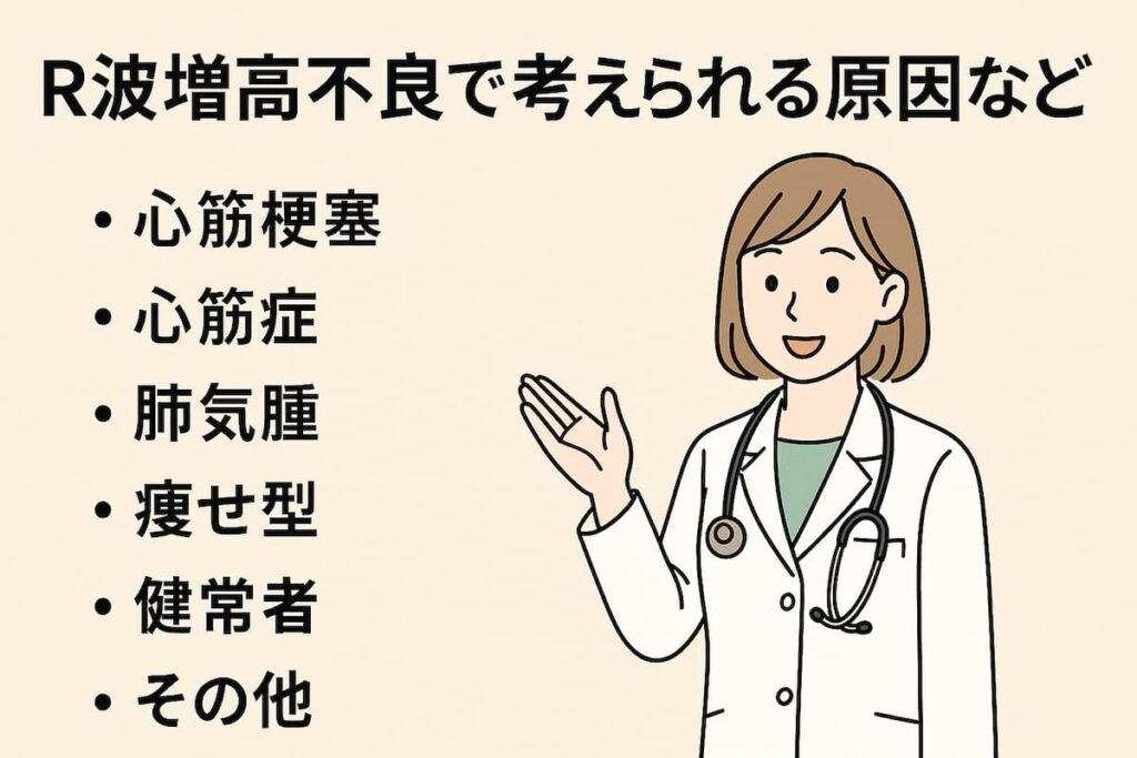 医師が心電図、R波増高不良で考えられる原因について説明しています。