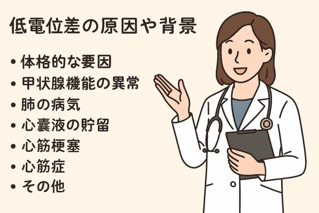 低電位差の原因や背景について循環器専門医がやさしく解説しています。
