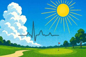 太陽が照り、日差しが強く気温が高い夏のゴルフ場に、心電図モニター波形を描いています。