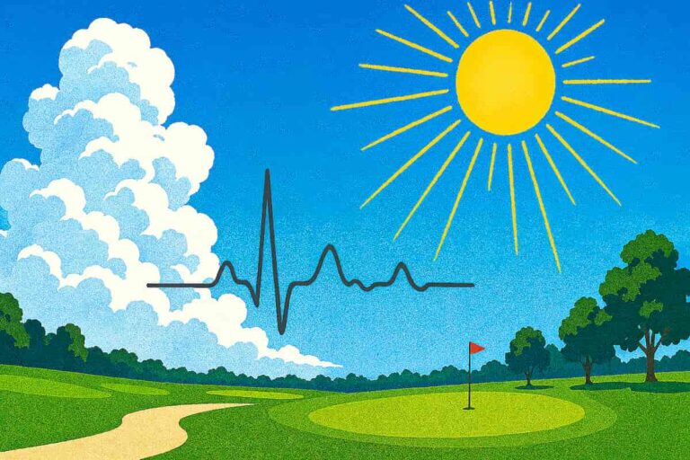 太陽が照り、日差しが強く気温が高い夏のゴルフ場に、心電図モニター波形を描いています。