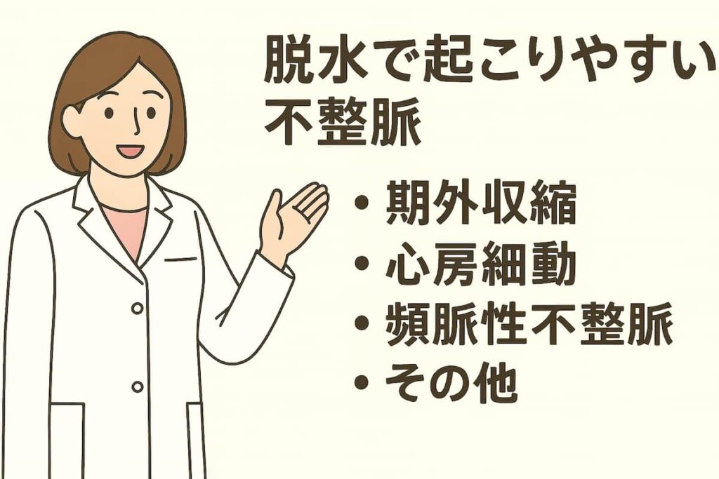 医師が脱水で起こりやすい不整脈について説明しています。