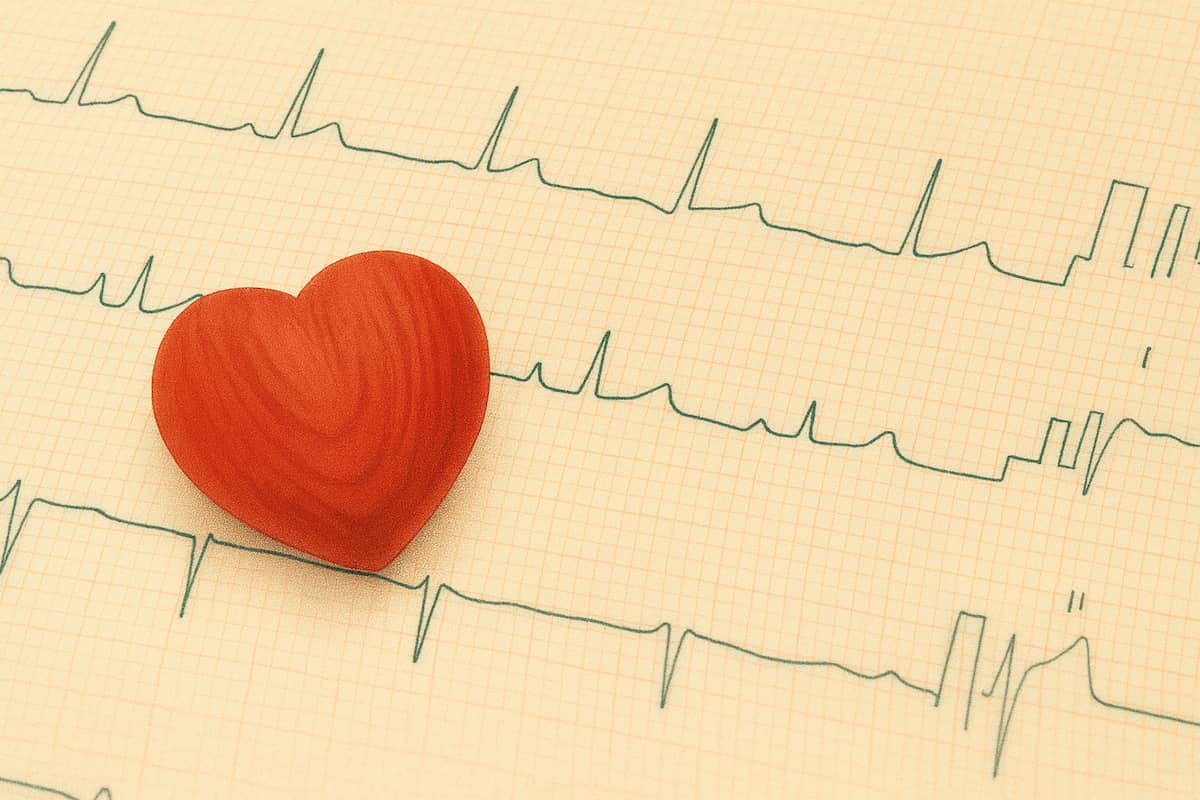 ハートの模型が心電図の上に置いてあります。