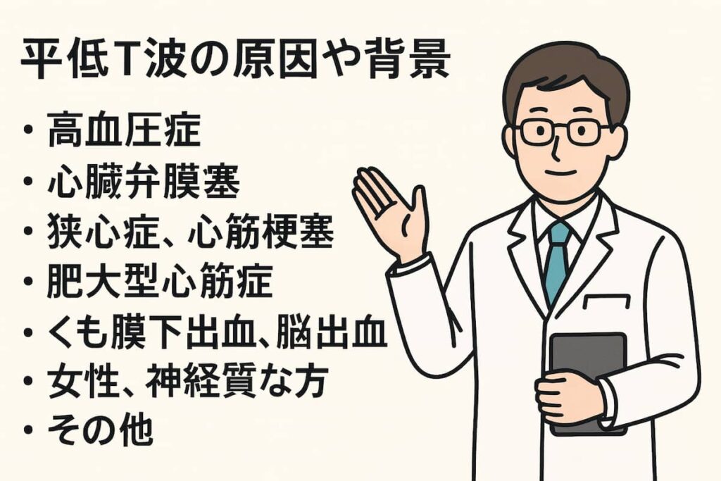医師が心電図、平低T波の原因や背景について丁寧に説明しています。