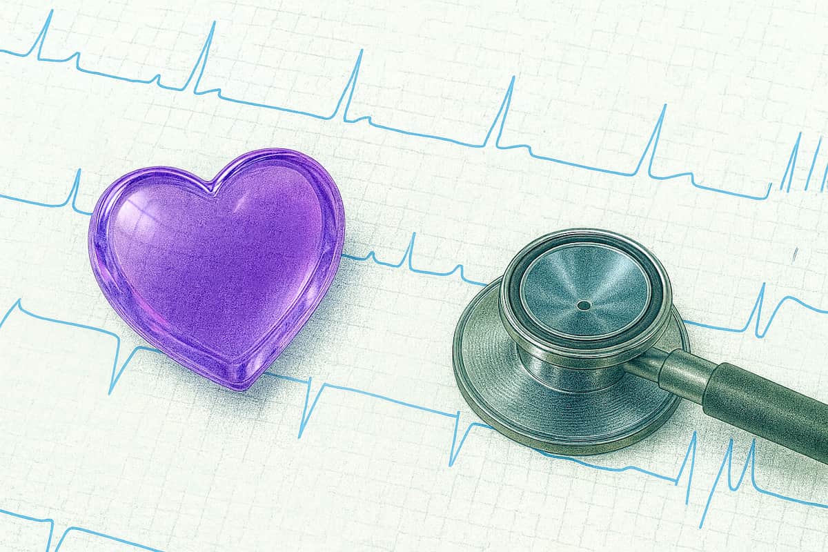 心電図の上に、聴診器とハートの模型が置いてあります。
