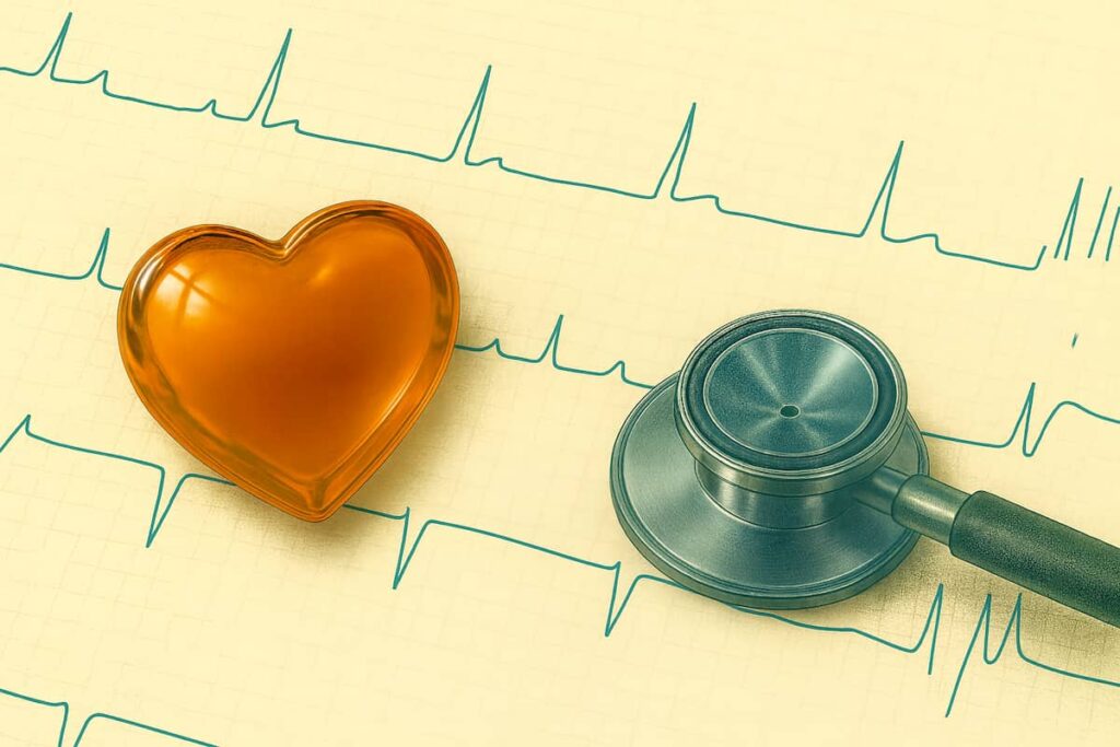 心電図の上に聴診器とハートの模型が置いてあります。