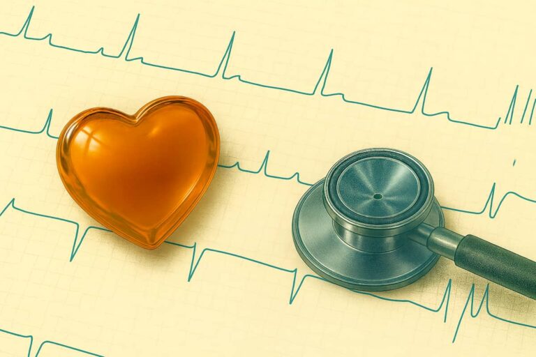 心電図の上に聴診器とハートの模型が置いてあります。