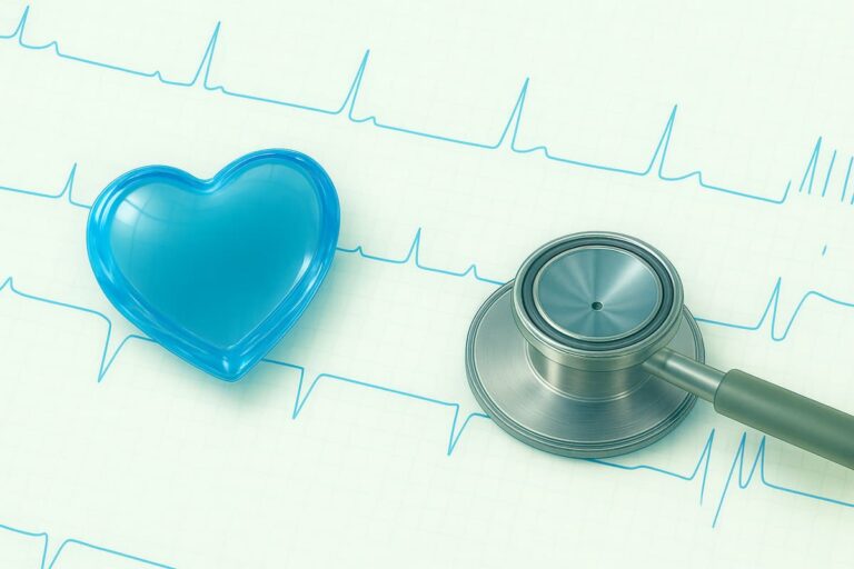 心電図の上に聴診器とハートの模型が置いていあります。