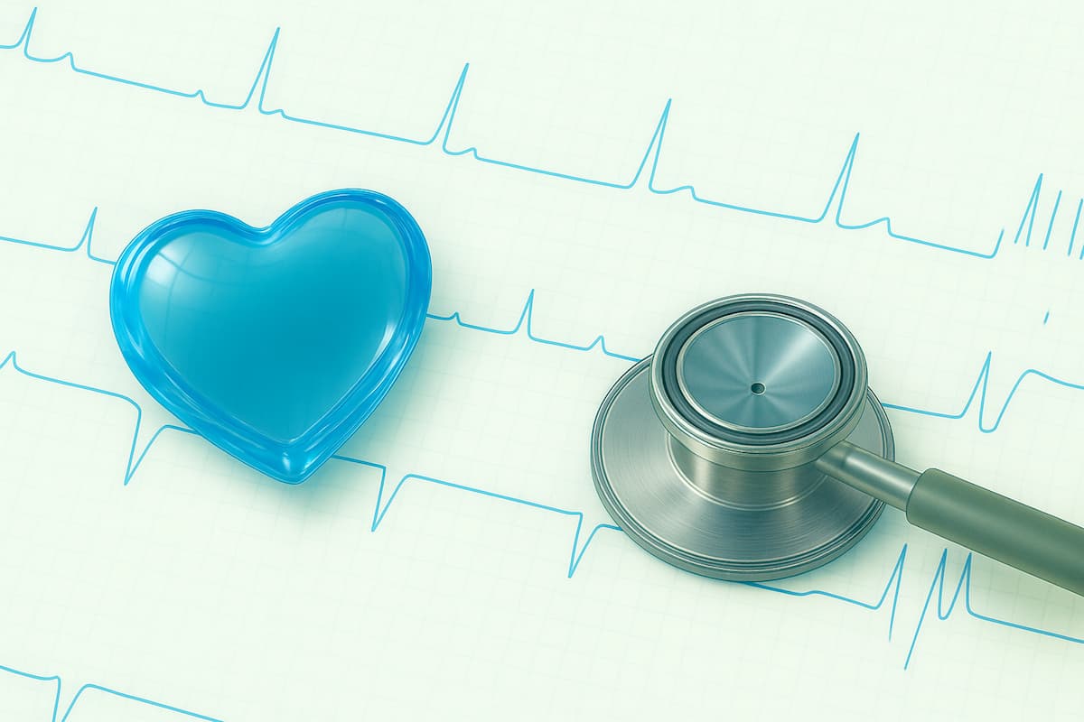心電図の上に聴診器とハートの模型が置いていあります。