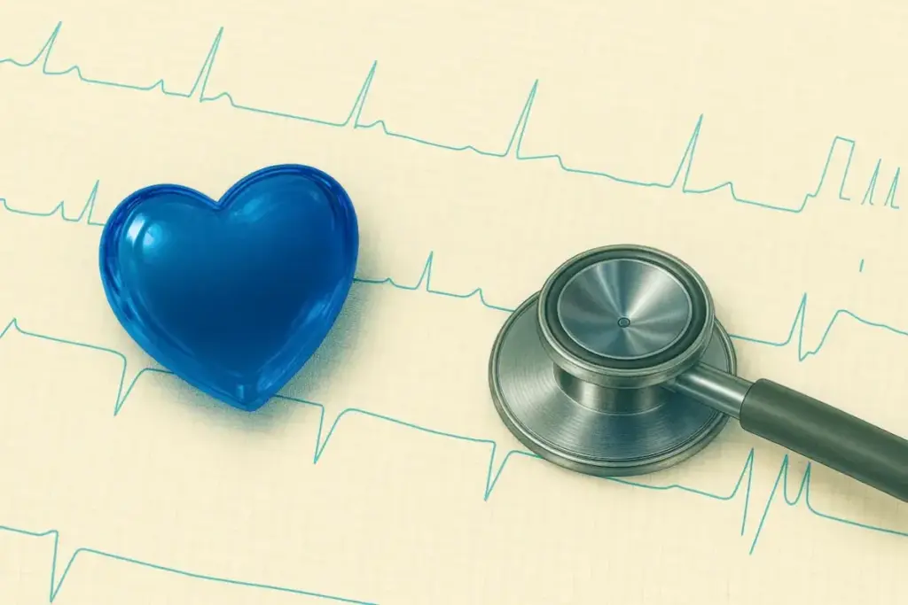 心電図の上に、青色のハート模型と聴診器がおいていあります。