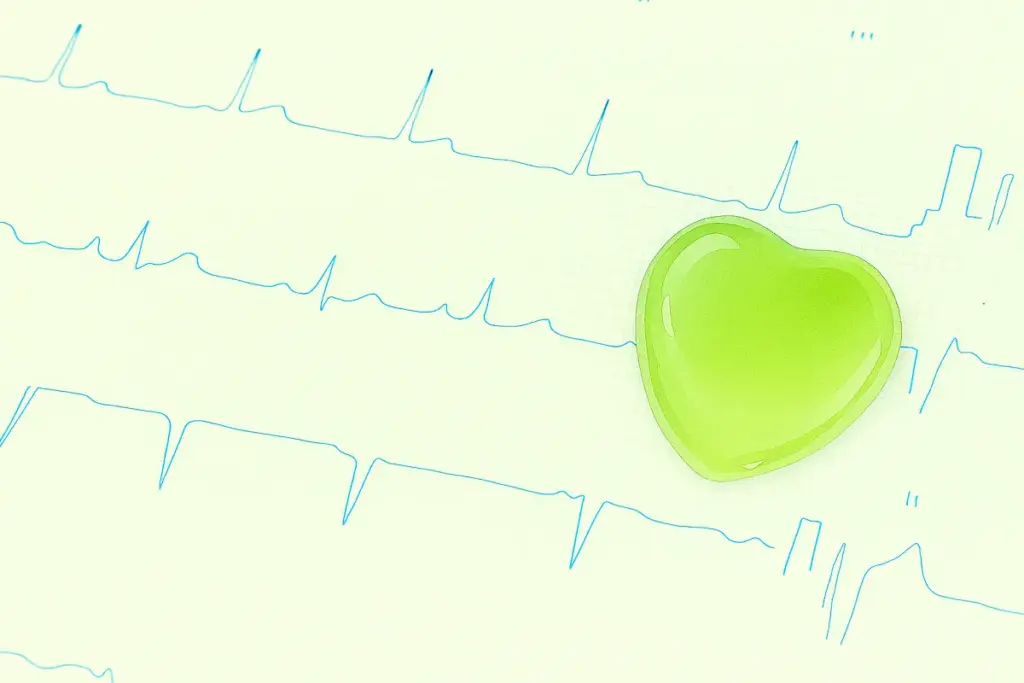 心電図の上にハートの模型が置いてあります。