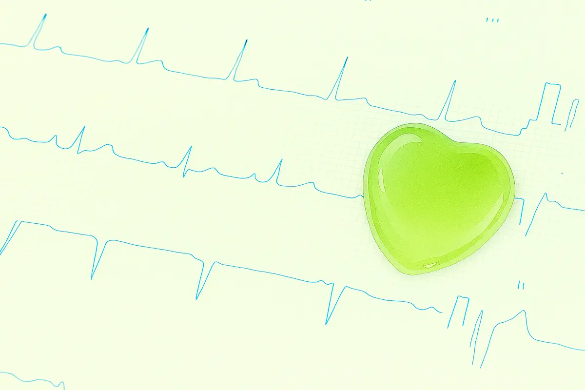 心電図の上にハートの模型が置いてあります。