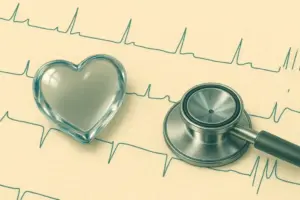 ハートの模型と聴診器が心電図の上に置いてあります。