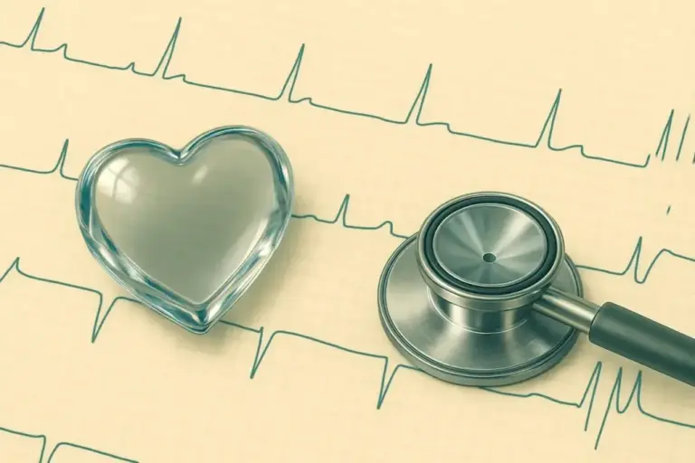 ハートの模型と聴診器が心電図の上に置いてあります。