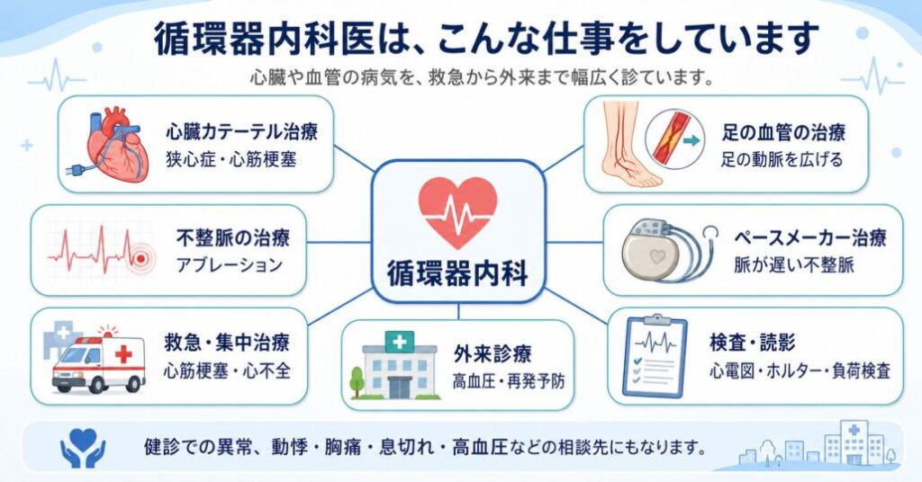 循環器内科の仕事を説明しています。