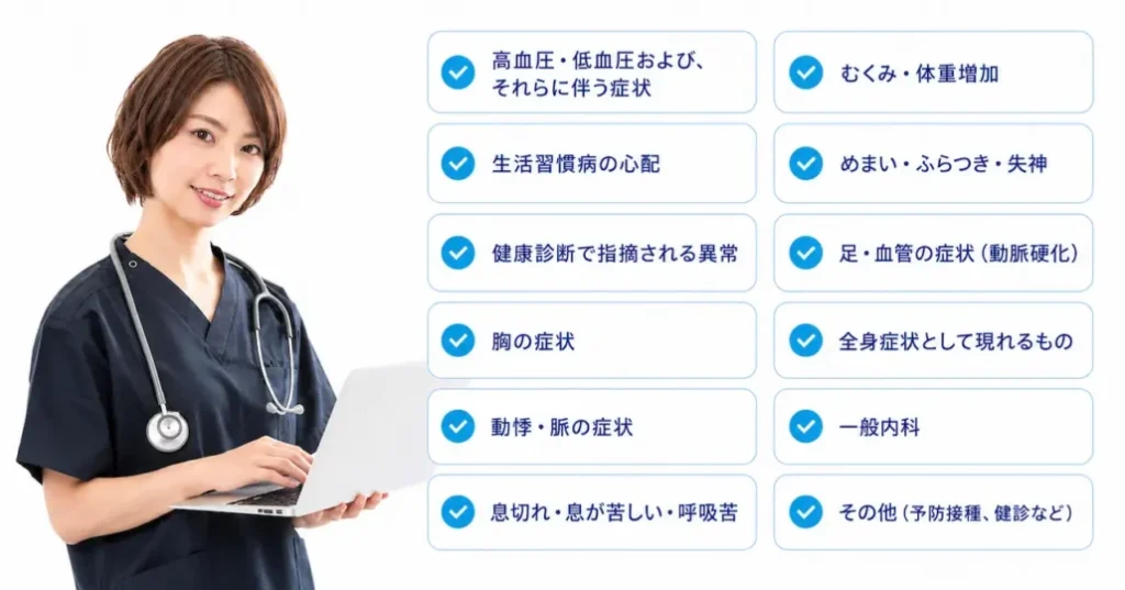 循環器内科受診を検討するべき症状について笑顔で説明する医師