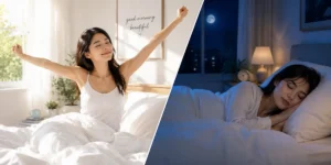 朝目覚める女性と夜間よく寝ている女性