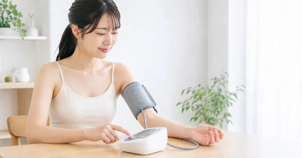 血圧を測定する女性