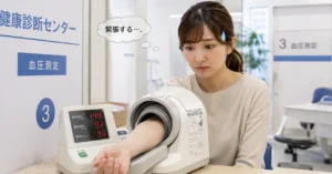健康診断センターで、一般女性が結果を心配しながら血圧測定を受けています。